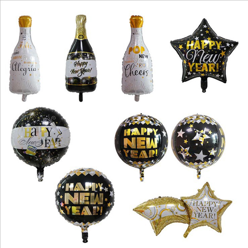 Happy New Year Helium Foil Champagne Bottle Globos Glitter Gold Shooting Star Balloons