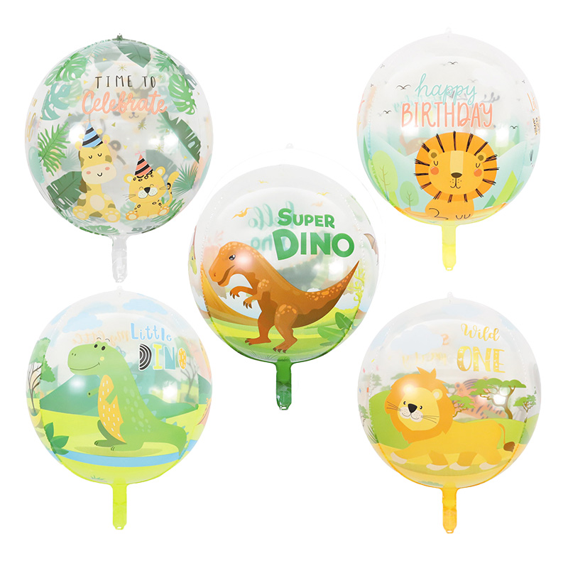 22 Inch Globos Jungle Theme Party Transparent Foil Little Super Dino Cute Dinosaur Printed 4D Round Balloons